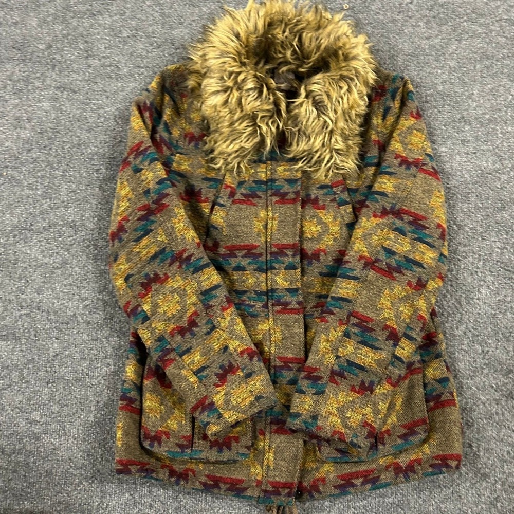 Bongo Jacket Womens Size M Brown Southwestern Wool Blend Faux Fur Hooded Coat